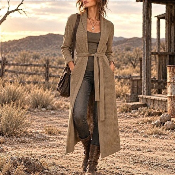 J. Crew Sweaters - J. Crew Beige Preppy Dystopian Hooded Belted Chunky Knit Maxi Duster Sweater M